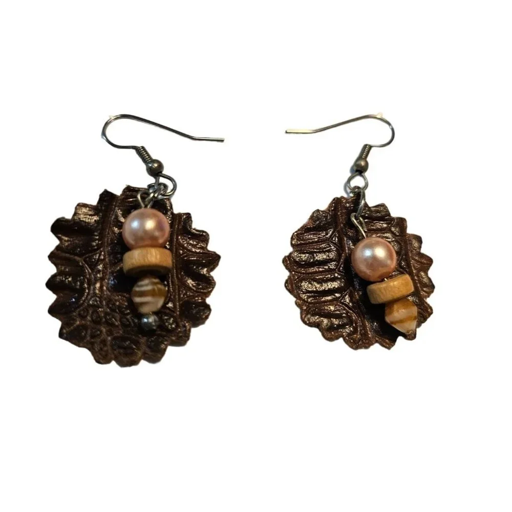 Handcrafted Leather Leaf‎ Earrings With Pearl & Wooden Beads
